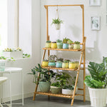 3-tier Foldable Wooden Ladder Shelf With Hanging Rod | Natural