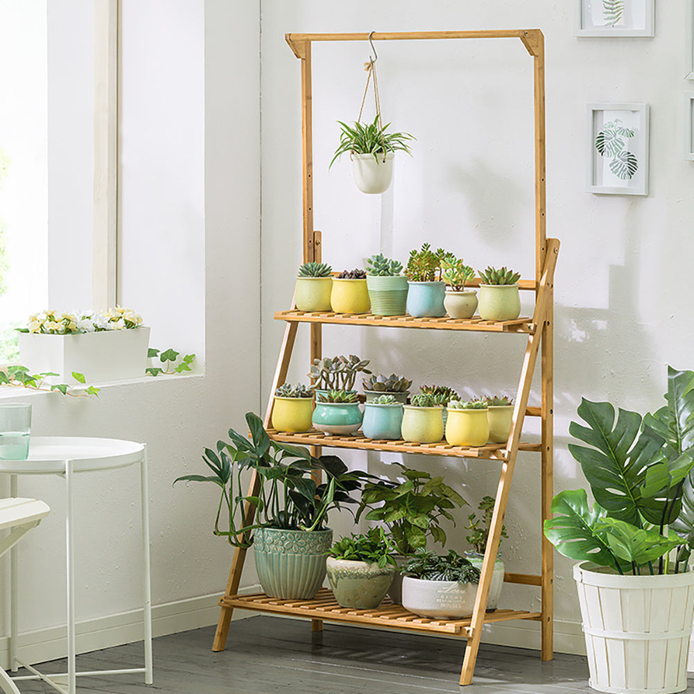 3-tier Foldable Wooden Ladder Shelf With Hanging Rod | Natural