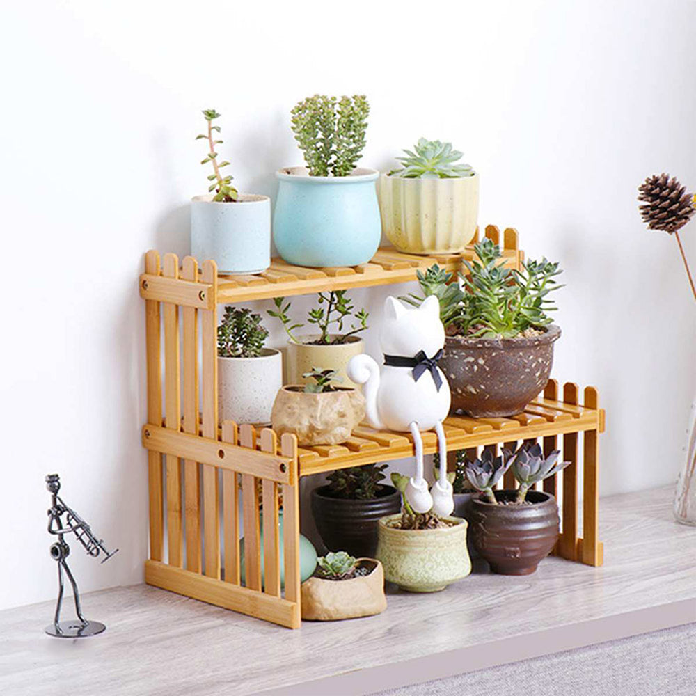 2-tier Solid Wood Compact Plant Stand Desk & Countertop Plant Display Shelf 30cm H Riser Rack