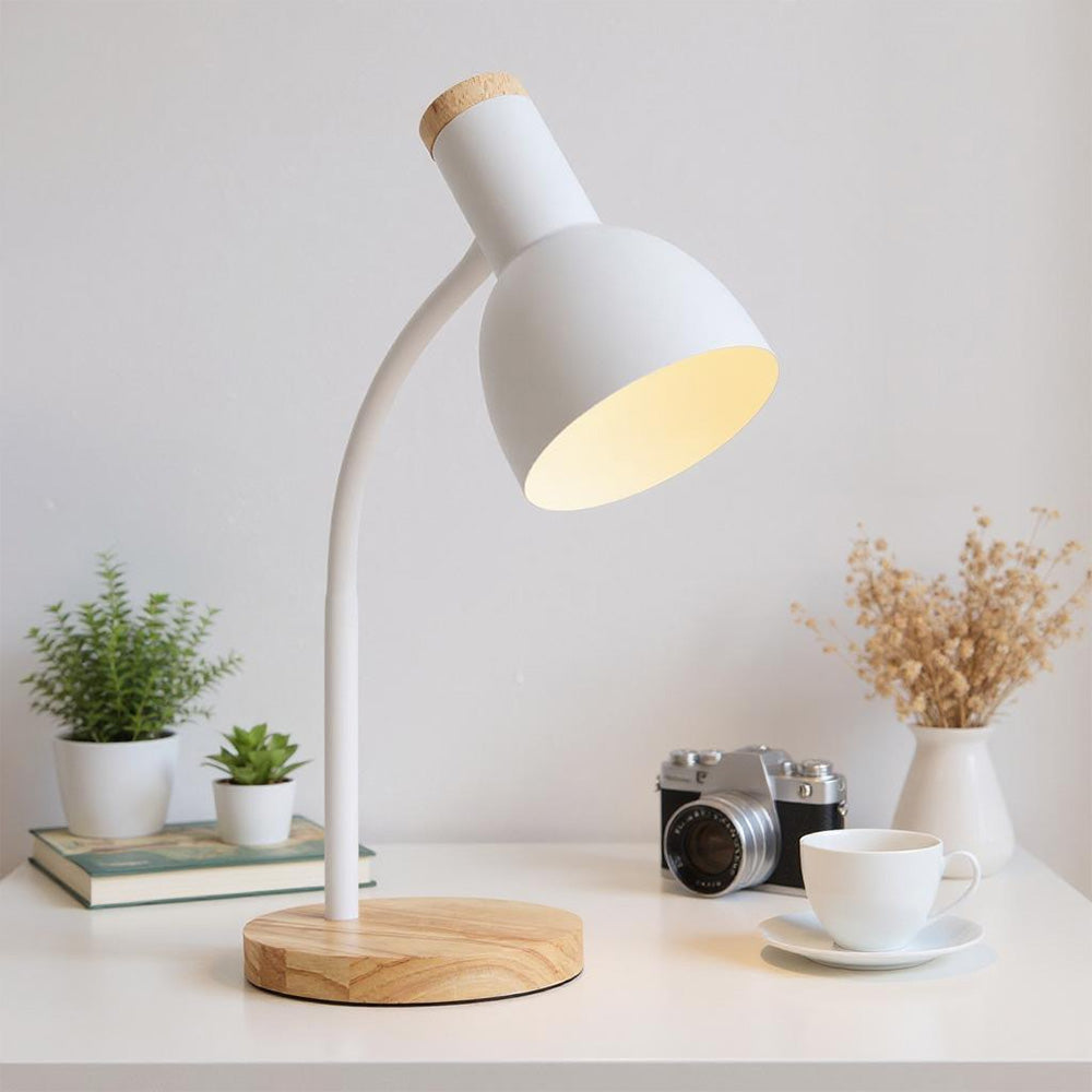 White Led Desk Lamp With Flexible Arm – Iron & Wood Base, Compact Minimalist Design