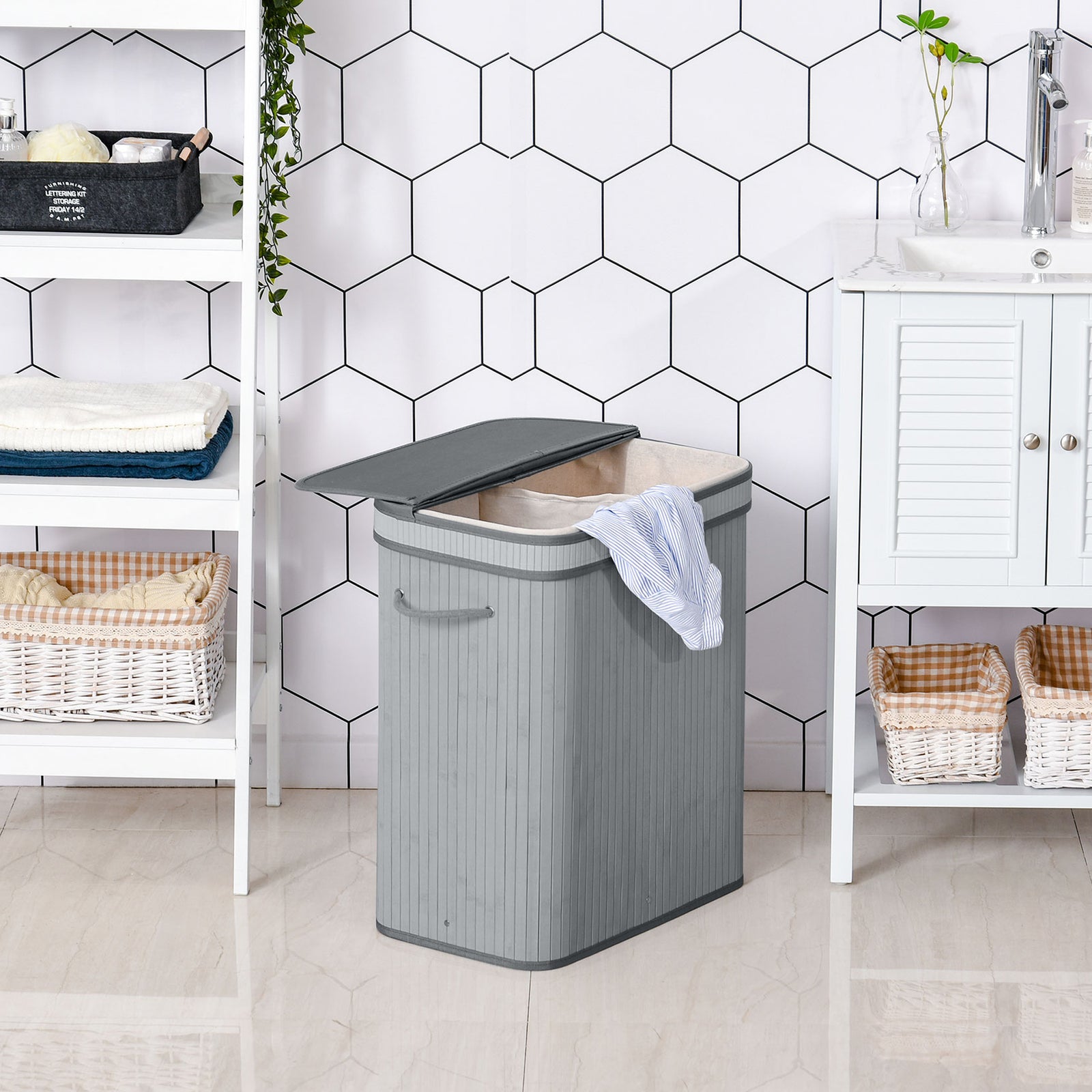 70/100l Wood Laundry Basket A Compartment Flip Lid Removable | Large