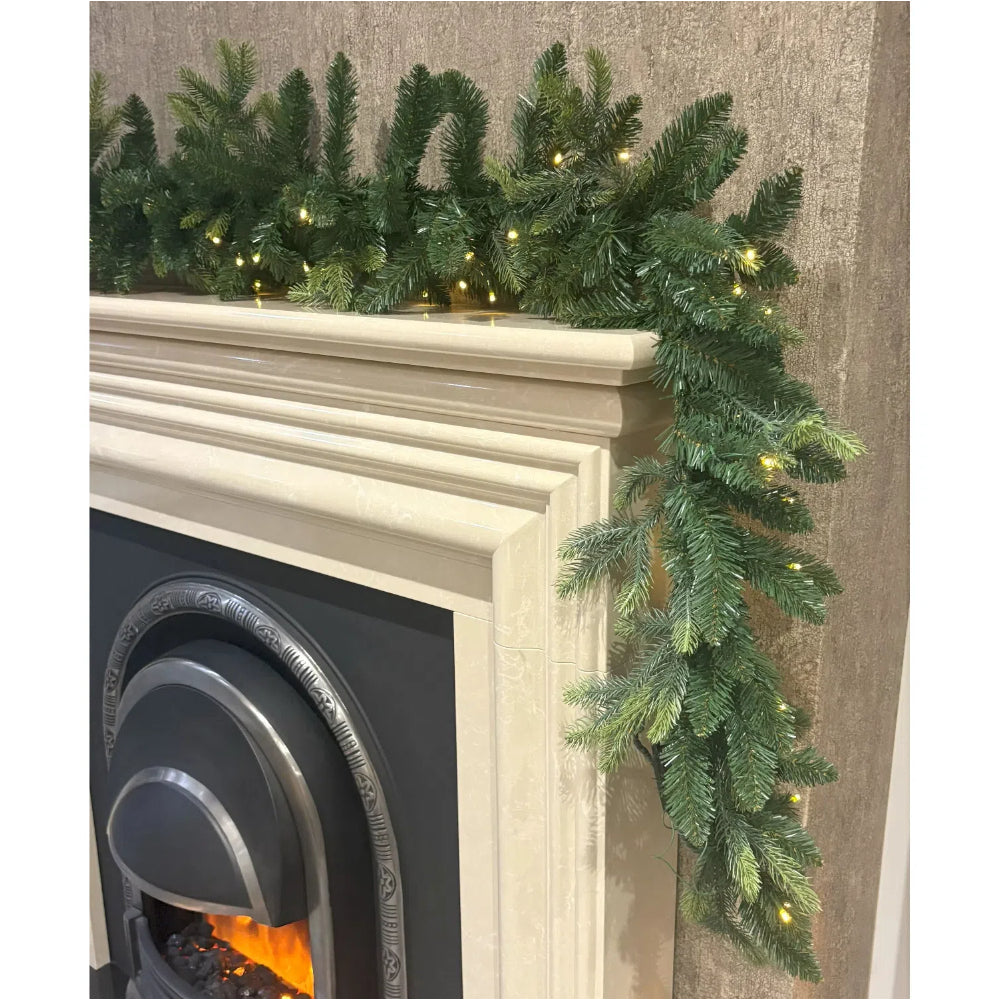 270cm Premium Mixed Branch Pre-lit Green Christmas Garland - With Timer