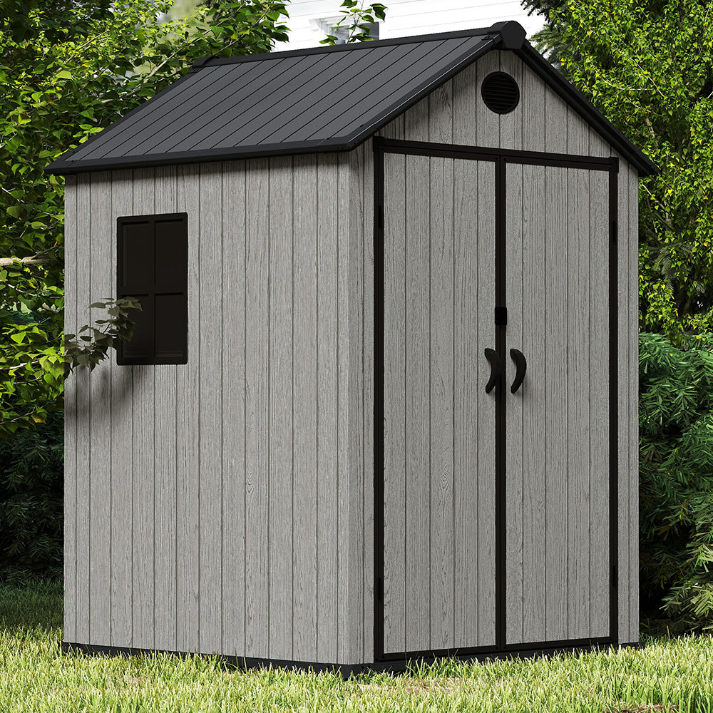 5.33 X 5.35ft  Garden Tool Shed With Apex Roof & Combination Lock – Grey Wood Grain Storage Shed With Window & Vents