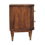 Solid Wood Ribbed Bedside With Brass Accents, 2 Drawers, Light Brown