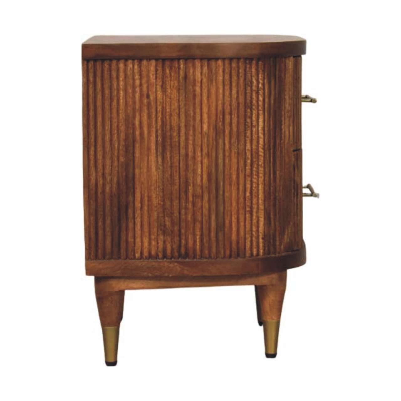 Solid Wood Ribbed Bedside With Brass Accents, 2 Drawers, Light Brown
