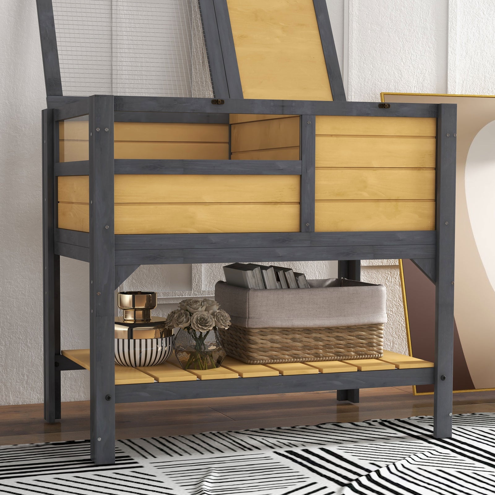 Wooden Tortoise House W/ Run, Shelter, Shelf, Lamp Holder | Yellow