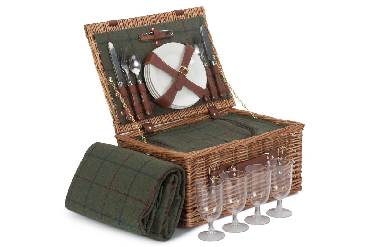 Green Tweed Classic Picnic Wicker Basket | 4 Person | Green