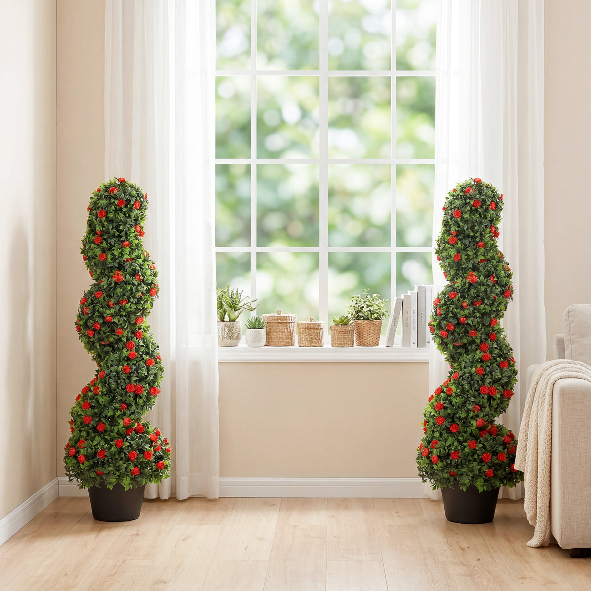 HOMCOM Artificial Rose Spiral Topiary Tree For Indoor Outdoor, Set Of 2