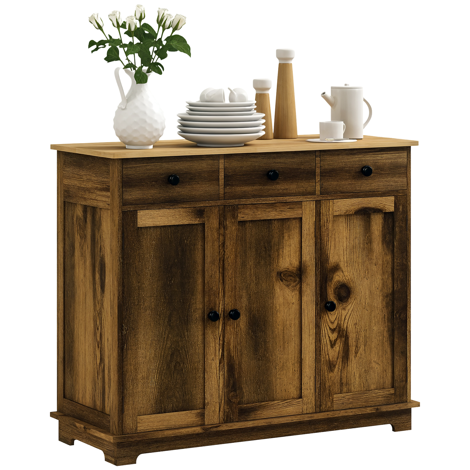 Sideboard Buffet Cabinet With Rubber Wood Top And Drawers | Brown