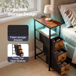 Bedside Table With Led Light Charging 3 Fabric Drawers Storage Brown | Brown