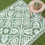 Luxury Outdoor Rug Waterproof Reversible For Garden Patio, Green Floral Leaf