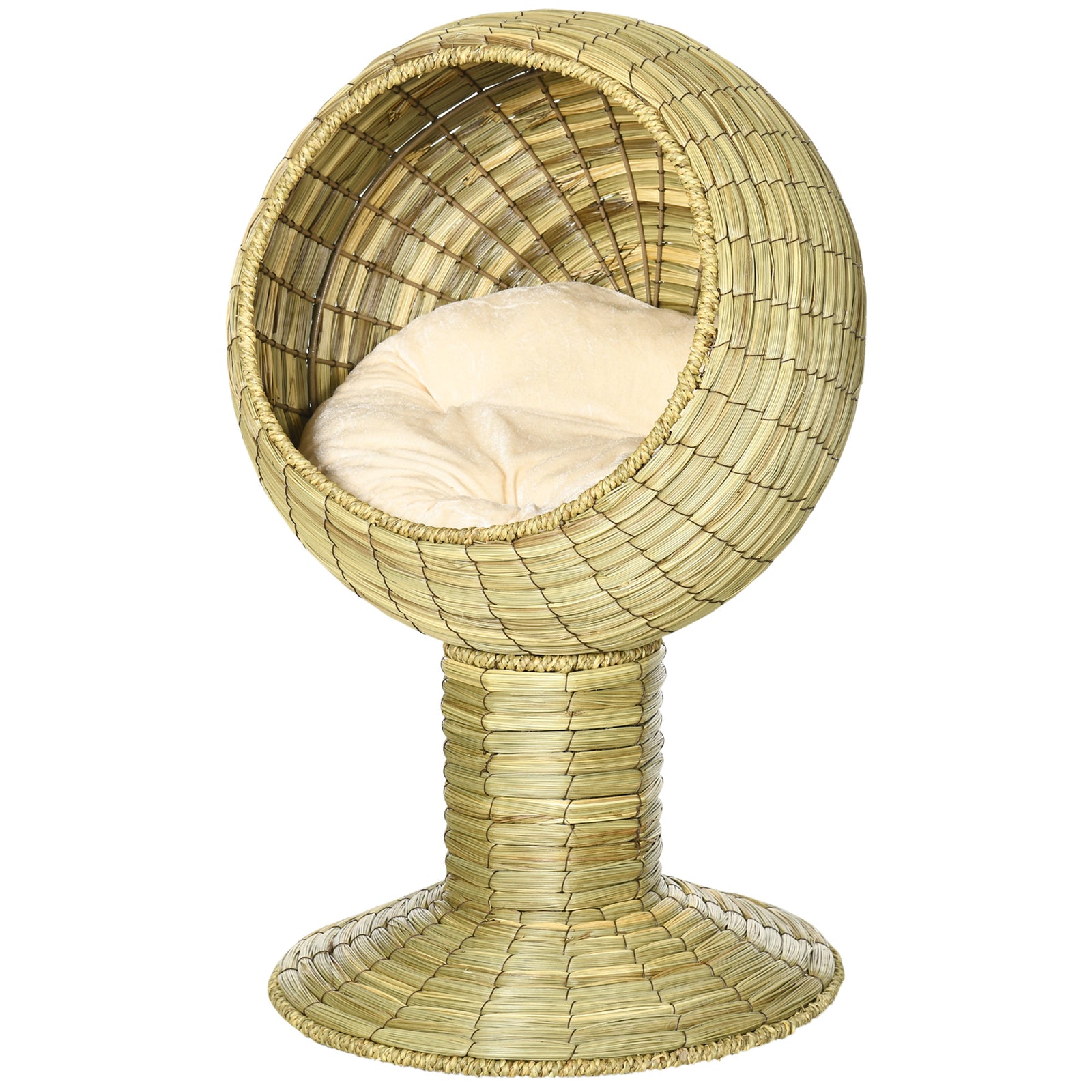 Raised Cat House, Natural Mat Grass Cat Bed W/ Stand Cushion, Φ41x 69 Cm