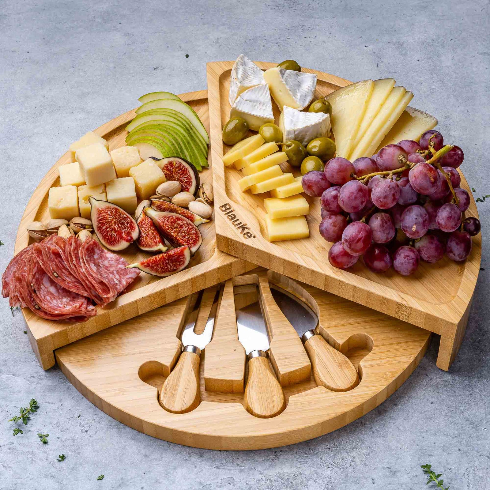 BlauKe Bamboo Cheese Board And Cheese Tool Set - 37cm Round Charcuterie Board With Slide-out Drawer - Wooden Cheese Board Gift Set
