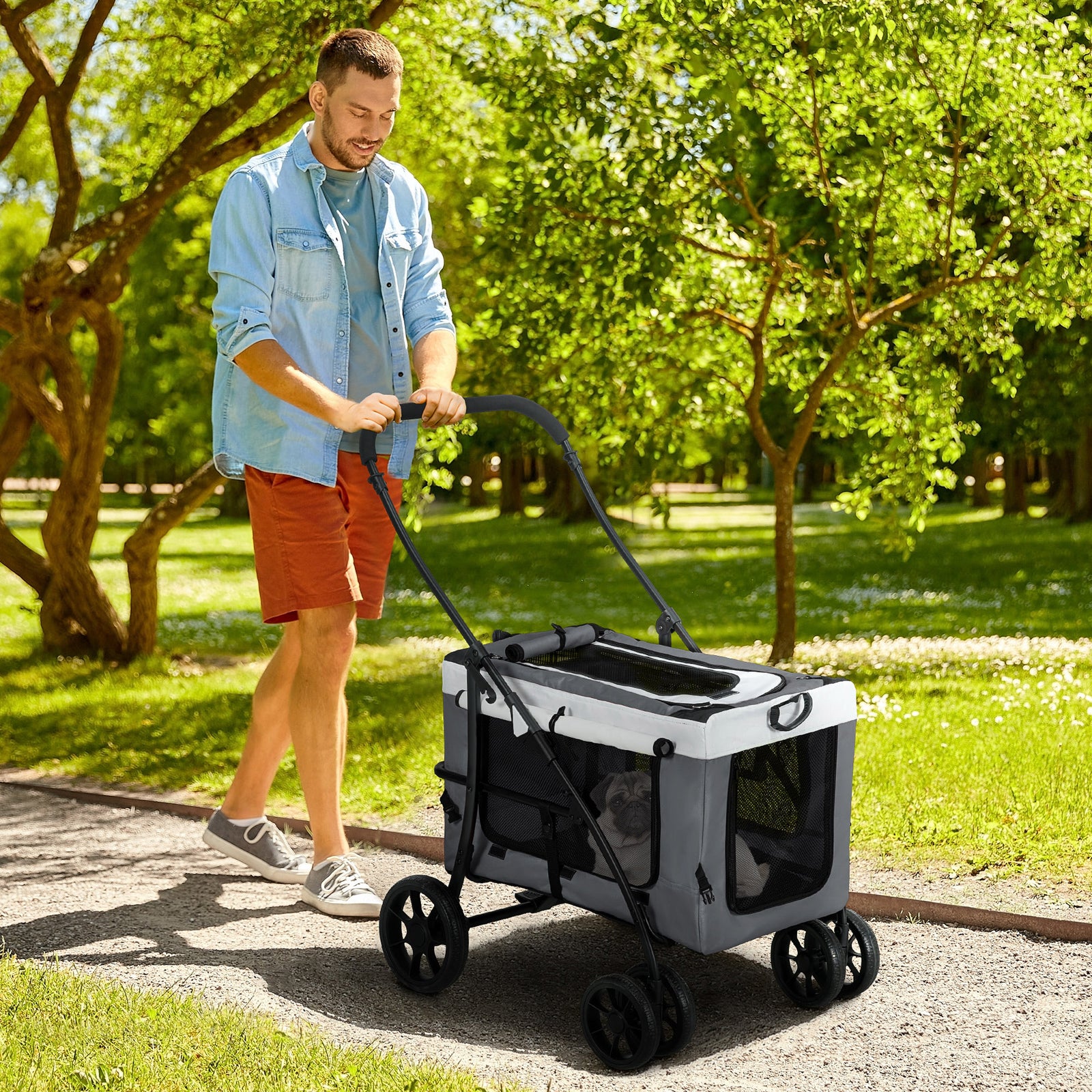 Foldable Pet Stroller W/ Detachable Carrier, Soft Padding | Gray