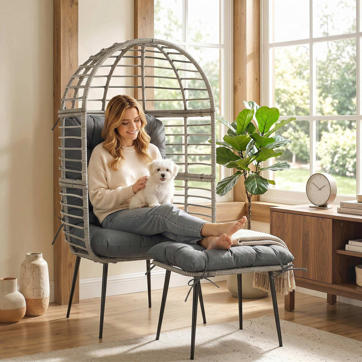 Standing Egg Chair Lounge Chair With Footstool, Cushion | Light Grey