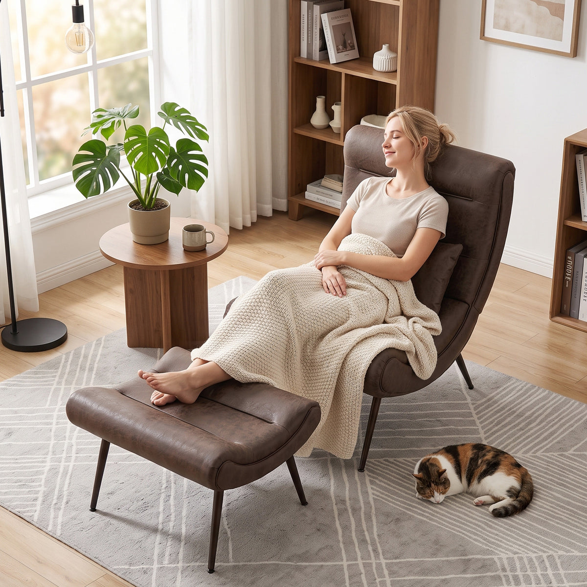 Modern Accent Chair With Footstool, 64cm Wide Seat, Lumbar Pillow