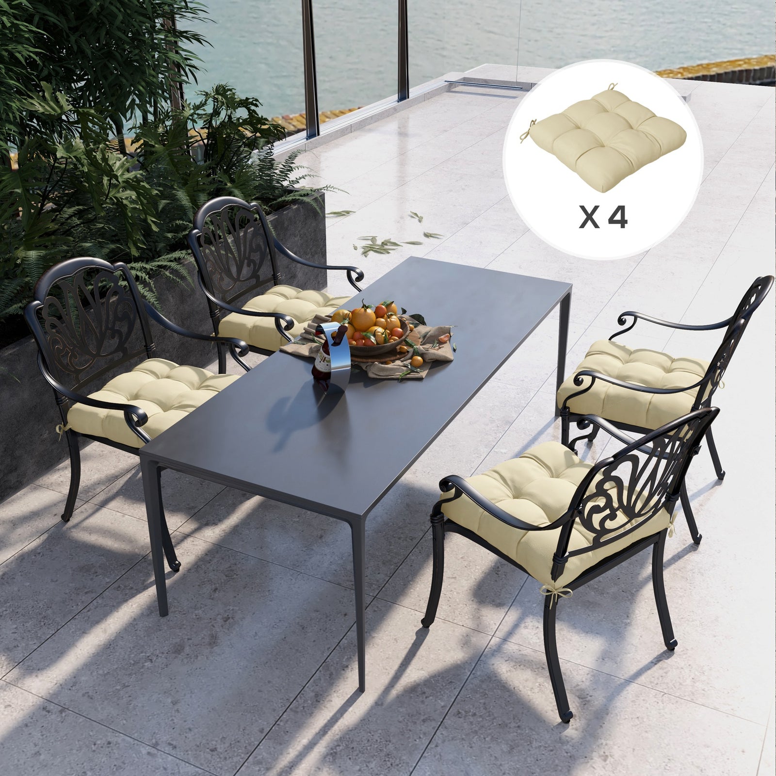 Set Of 4 Outdoor Seat Cushion W/ Ties, For Garden Furniture | Beige