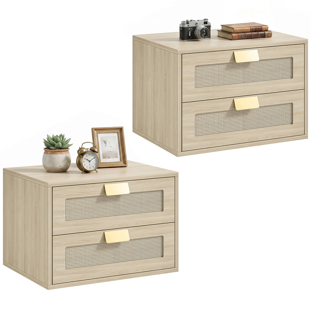 HOMCOM Modern Floating Nightstands Set Of 2,  2 Drawers Bedside Tables, Oak