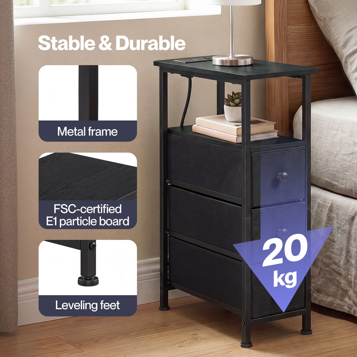 Slim Bedside Table With Charging Station 3 Drawers For Bedroom Black | Black