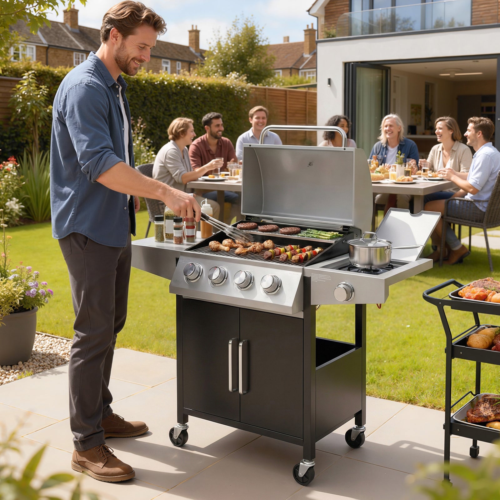 4+1 Burner Gas BBQ Grill with Side Burner, 14.5 kW Gas Grill