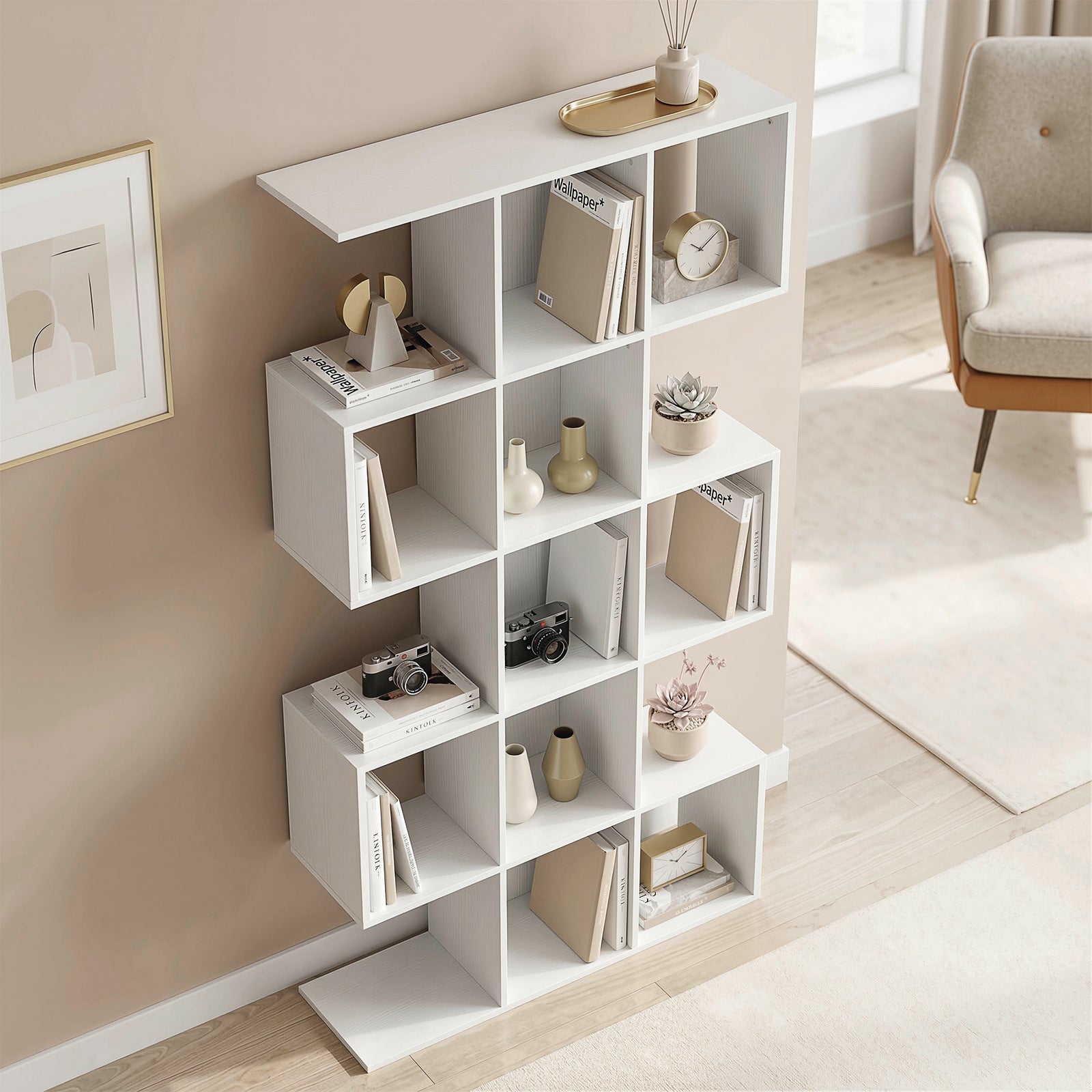 Geometric Bookshelf, 5-tier S Shaped Bookcase | White
