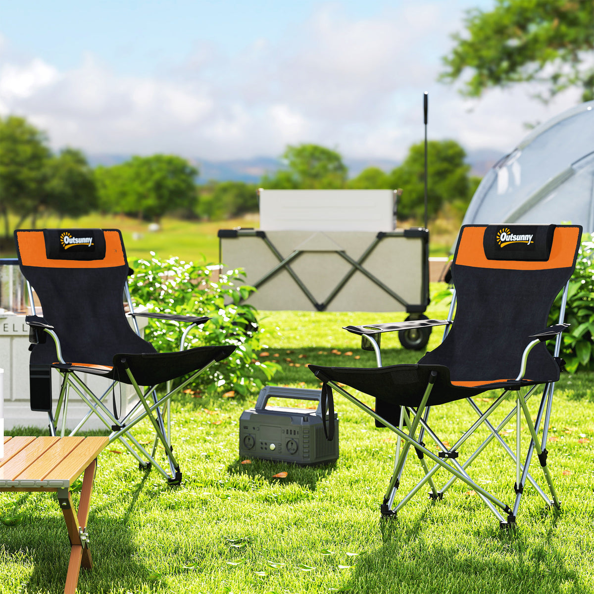 Reclining Folding Camping Chair Set, Orange/black