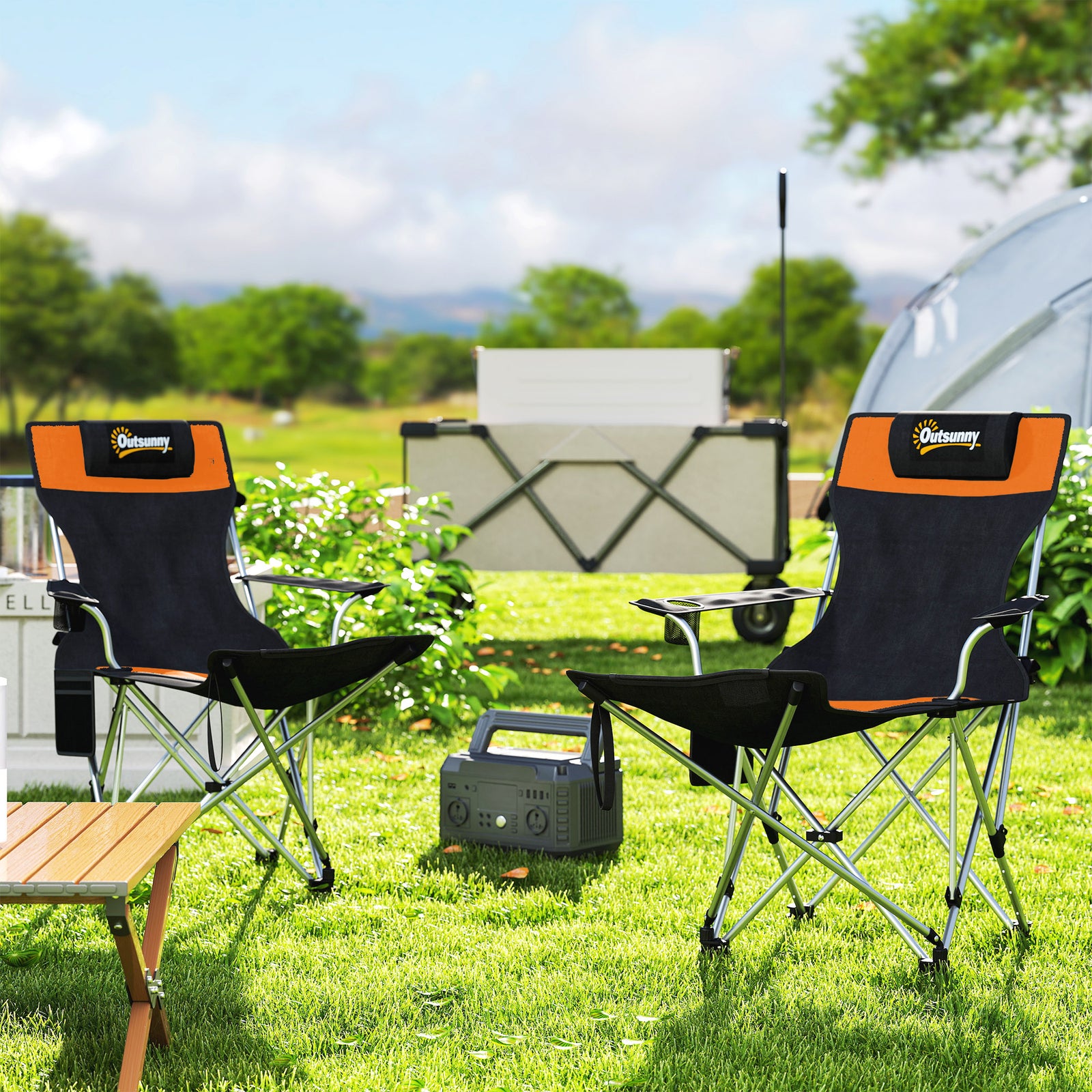 Reclining Folding Camping Chair Set, Orange/black