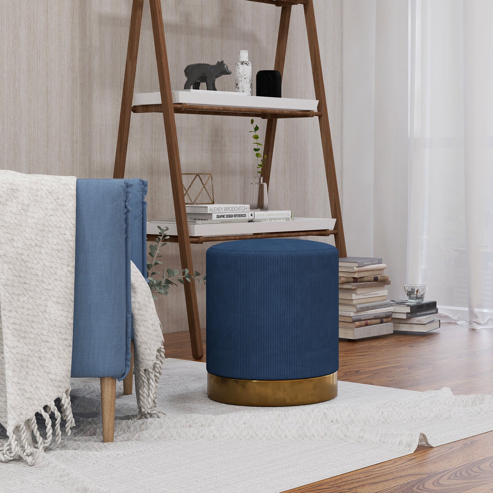 Modern Round Footstool, Fabric Upholstered Foot Rest | One Size | Blue