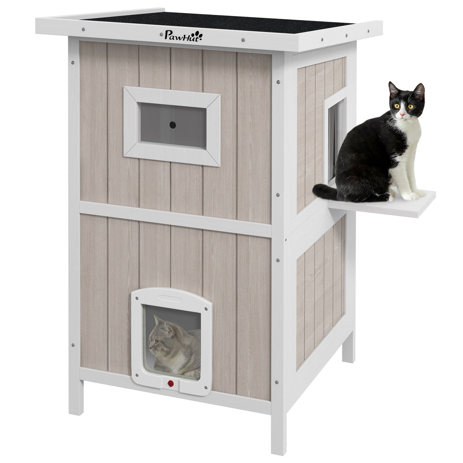 Outdoor Wooden Cat House W/ Removable Bottom, Escape Doors, For 1-2 Cats
