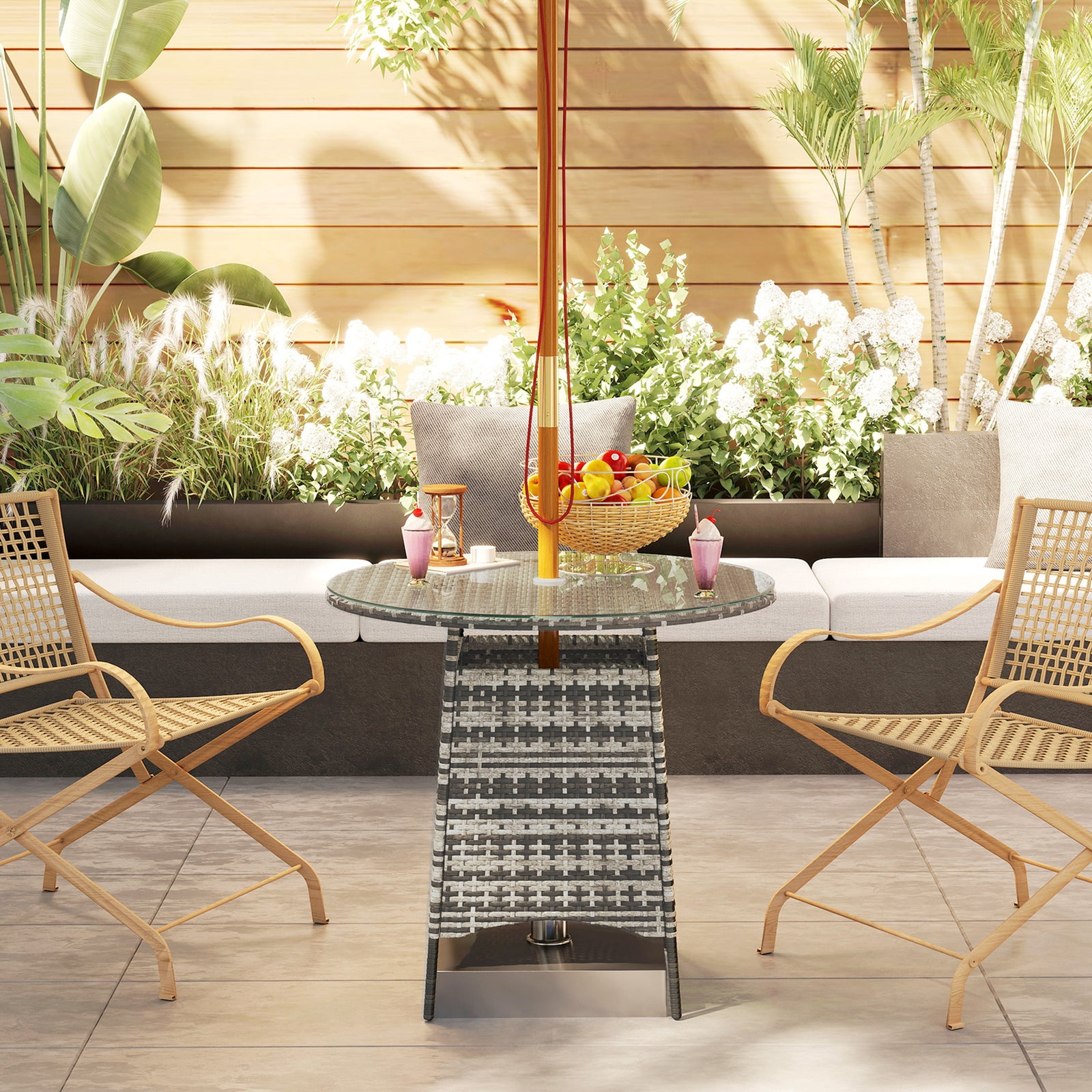 Patio Furniture Rattan Garden Table W/ Umbrella Hole | Gray