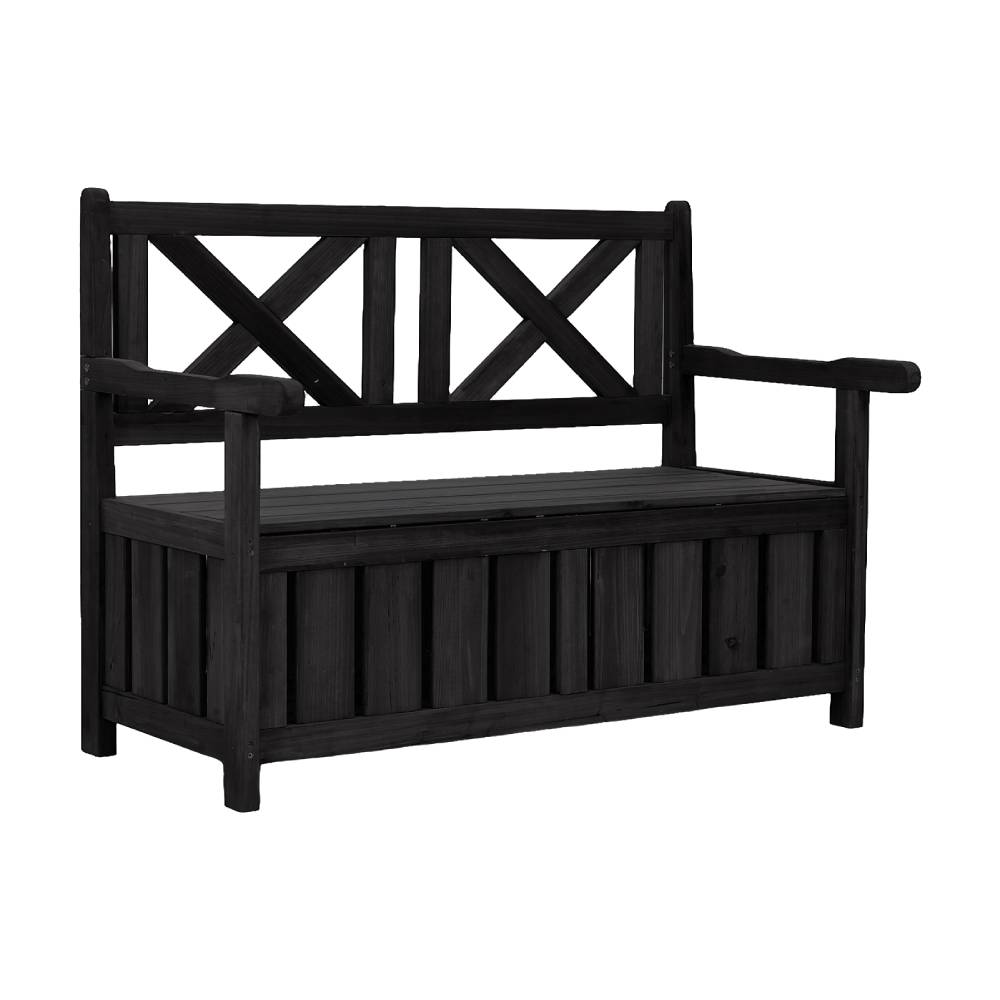 Solid Fir Wood Outdoor Storage Bench With Backrest & Armrests, 125l Large Storage Box, Water-based Painted Garden Bench Seat, | Black