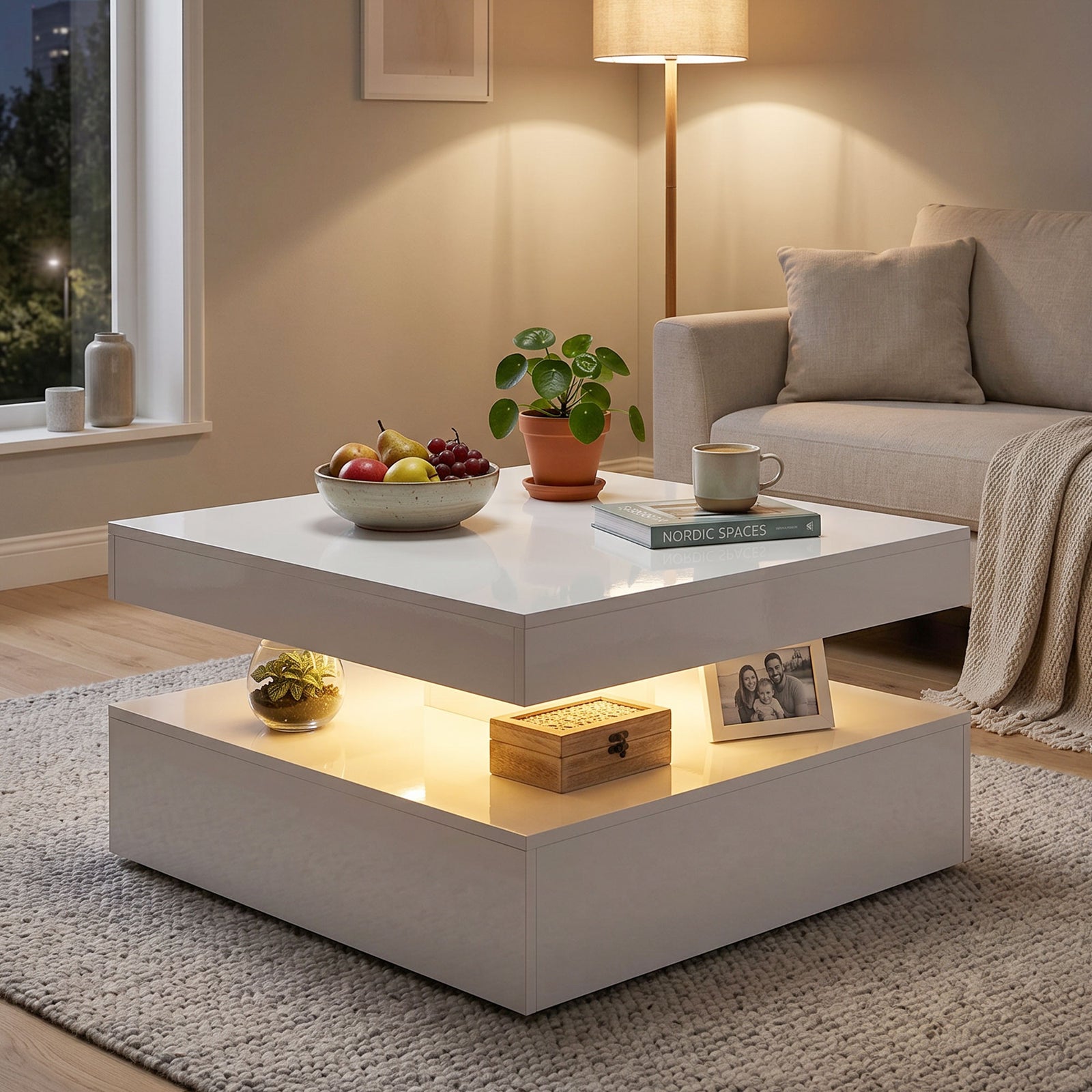 Led Coffee Table With Storage, Modern Centre Table | White