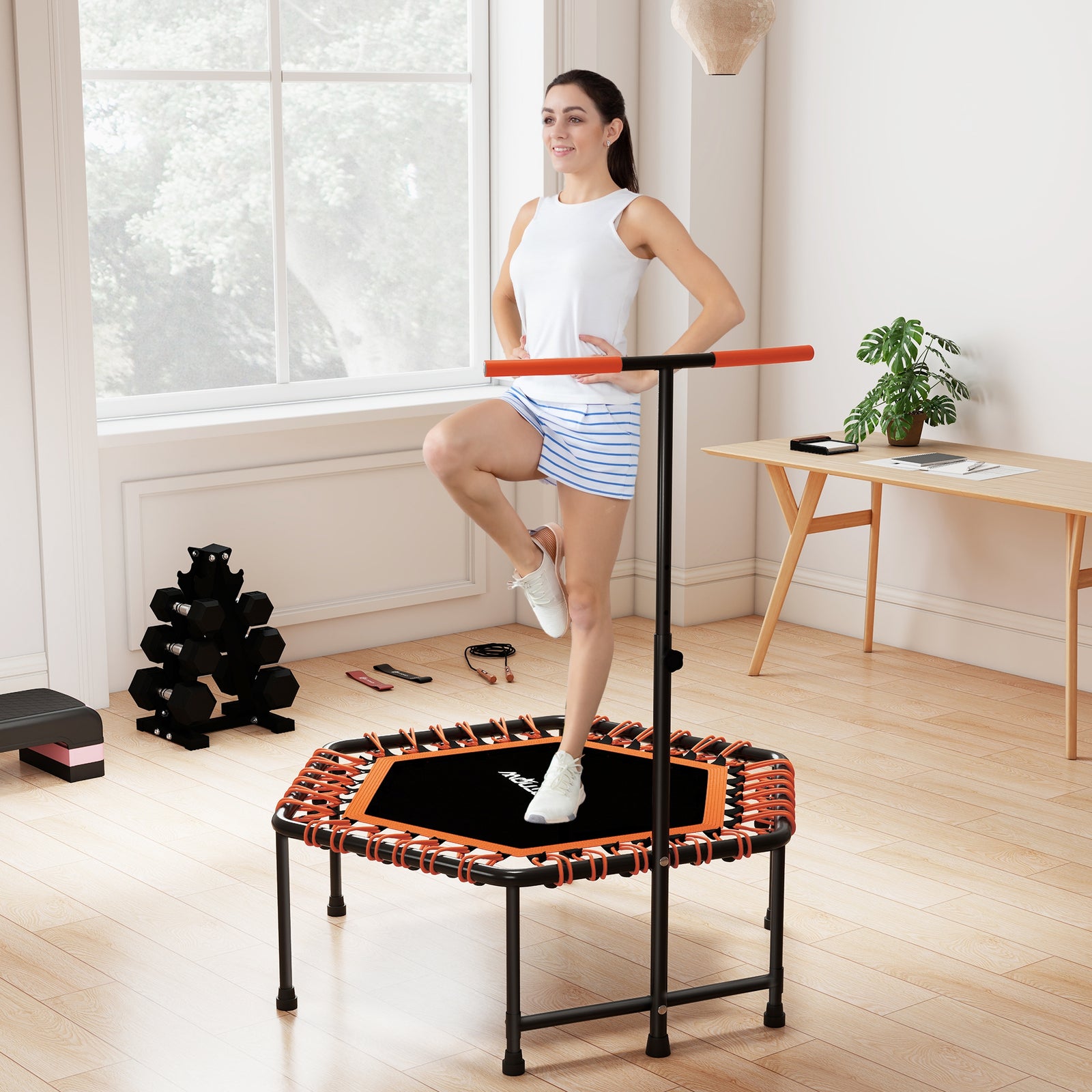 45" Fitness Trampoline With Adjustable Handle, Led Lights | Orange