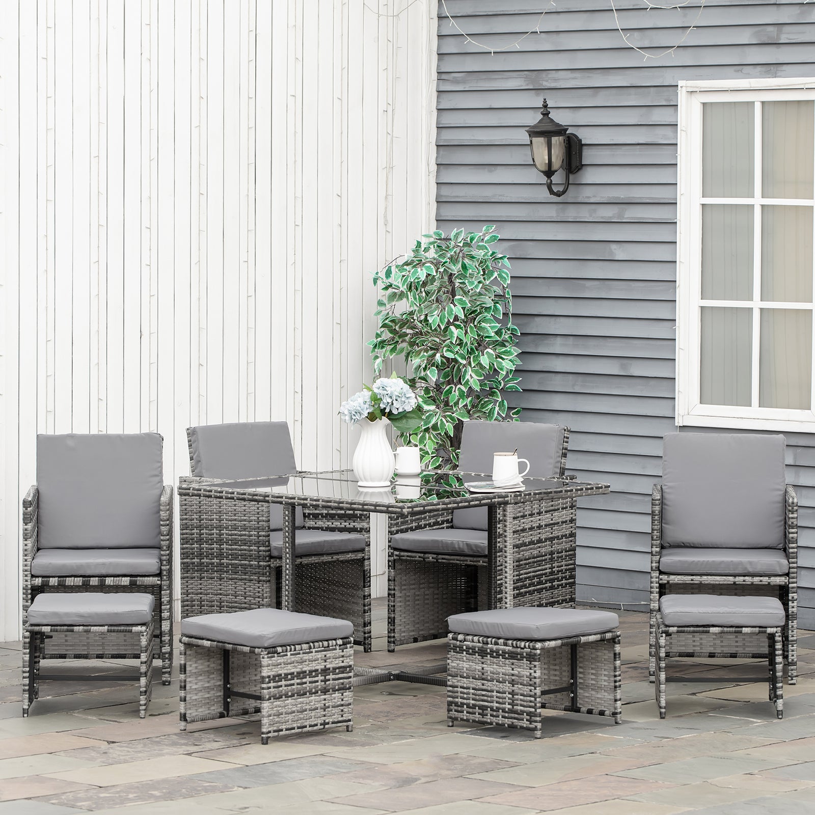 Rattan Garden Furniture Patio Dining Table Set W/ 8 Stools | Gray