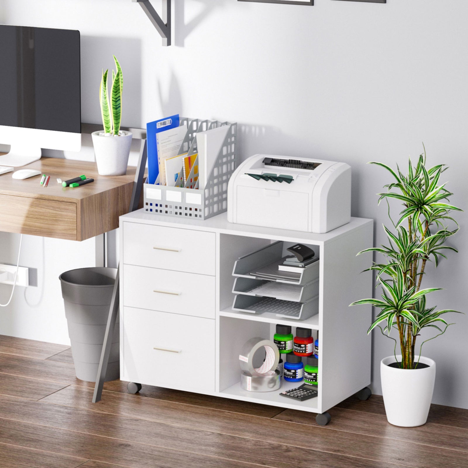 Freestanding Storage Cabinet W/ 3 Drawers 2 Shelves 4 Wheels | One Size | White