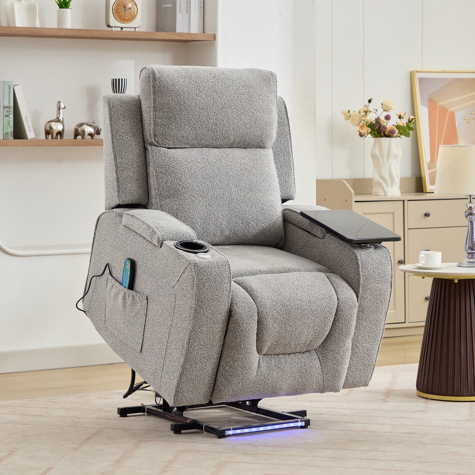 Cowley Electric Riser Recliner Chair With Massage And Heat, Drink Cooler, Table | Light Grey
