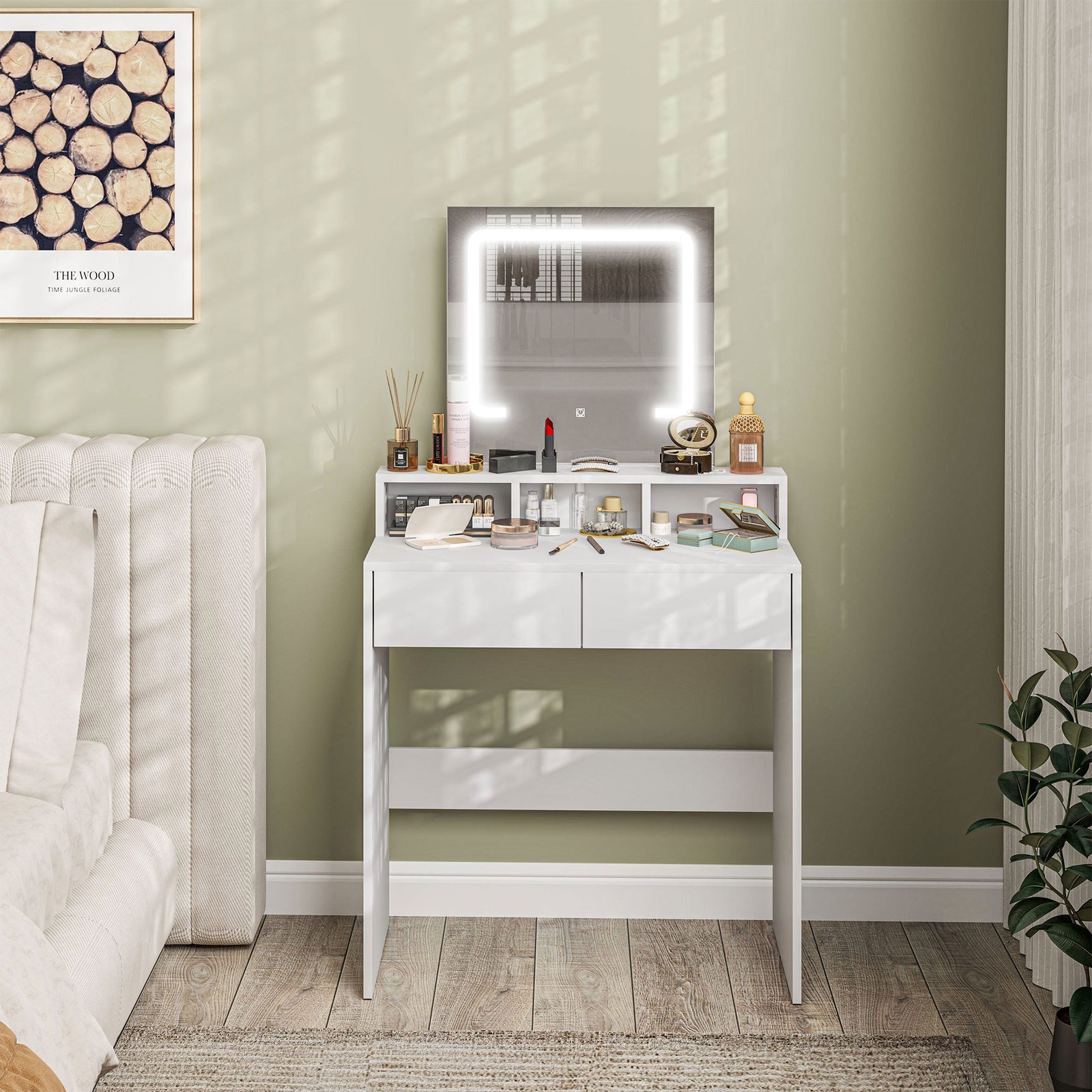 HOMCOM Dressing Table With Mirror, Led Lights, Drawers, For Bedroom, White