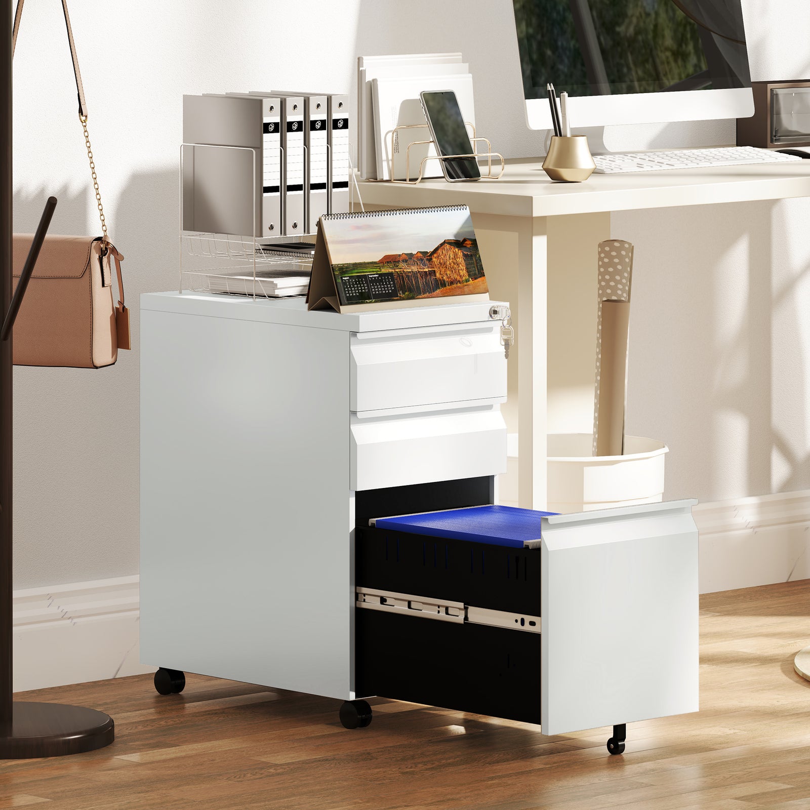 Steel File Cabinet With Lock And Wheels For Home Office | One Size | White