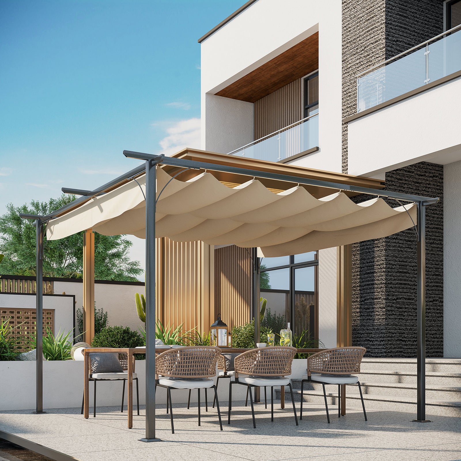 3.5x3.5m Pergola Metal Gazebo Backyard Porch Awning Canopy | Beige