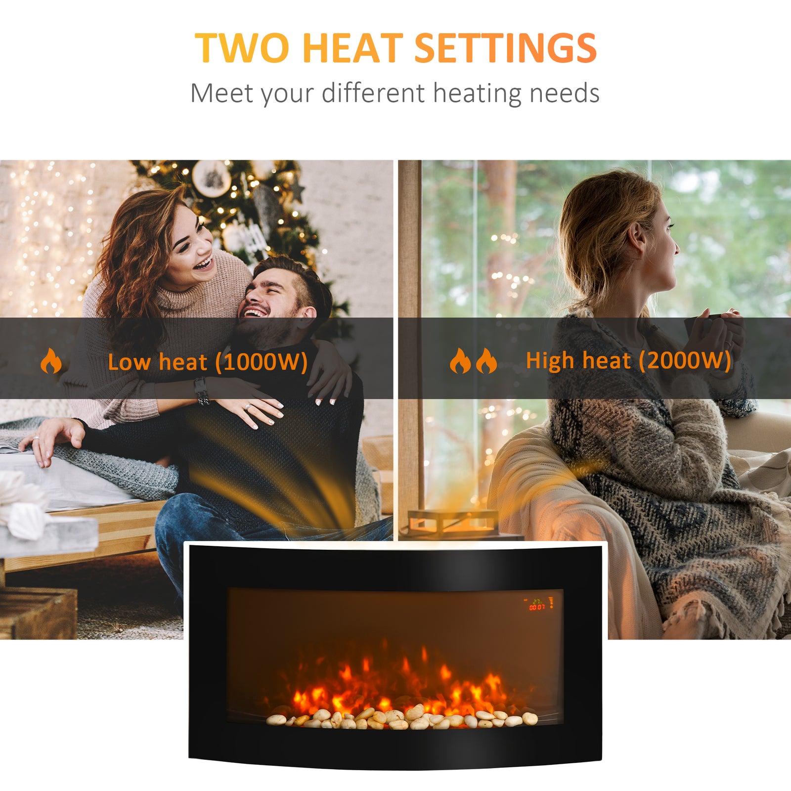Electric Fireplace Wall Mounted Led Flame Curved Side Lights