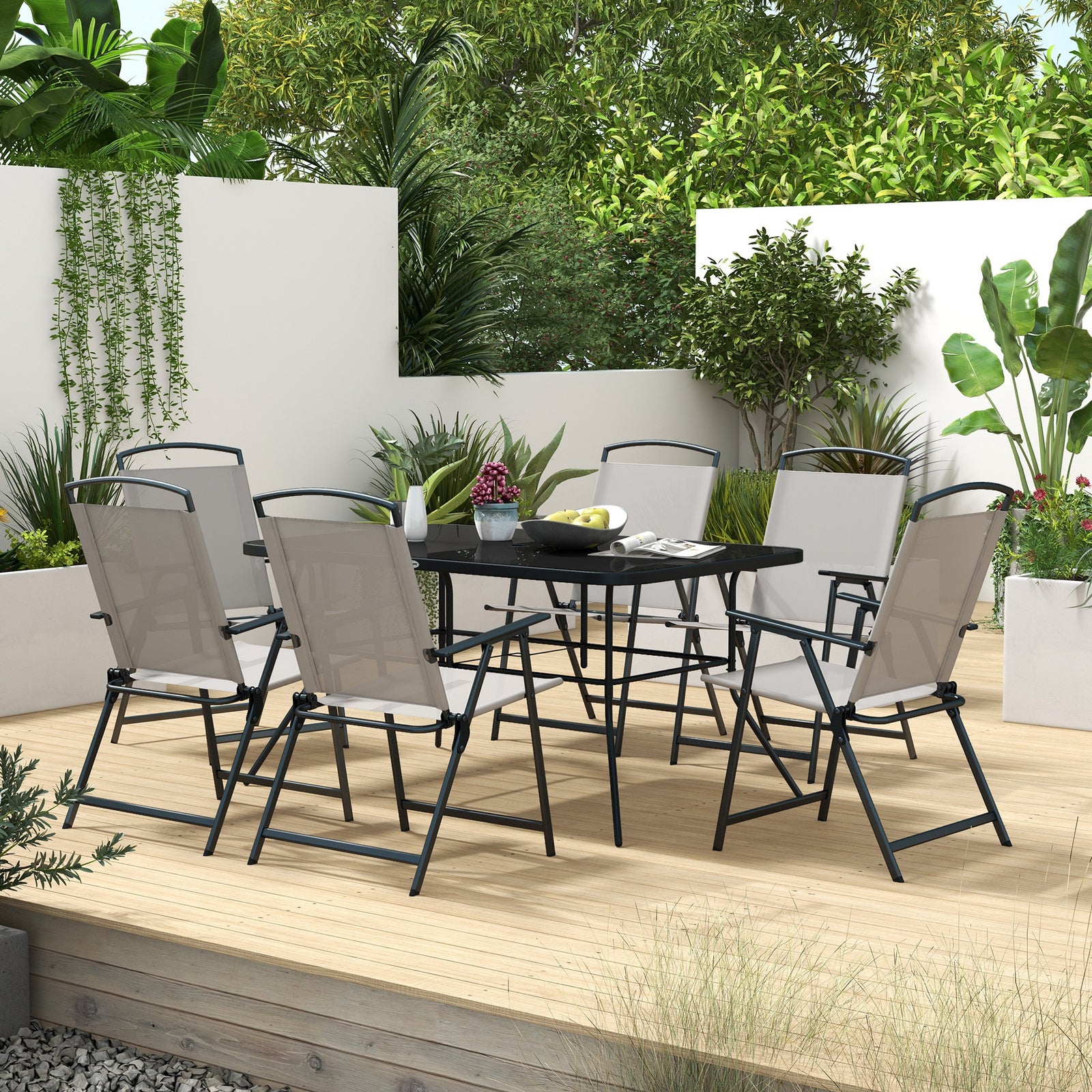Garden Furniture Set W/ Parasol And Folding Chairs For Patio | 7 | Gray