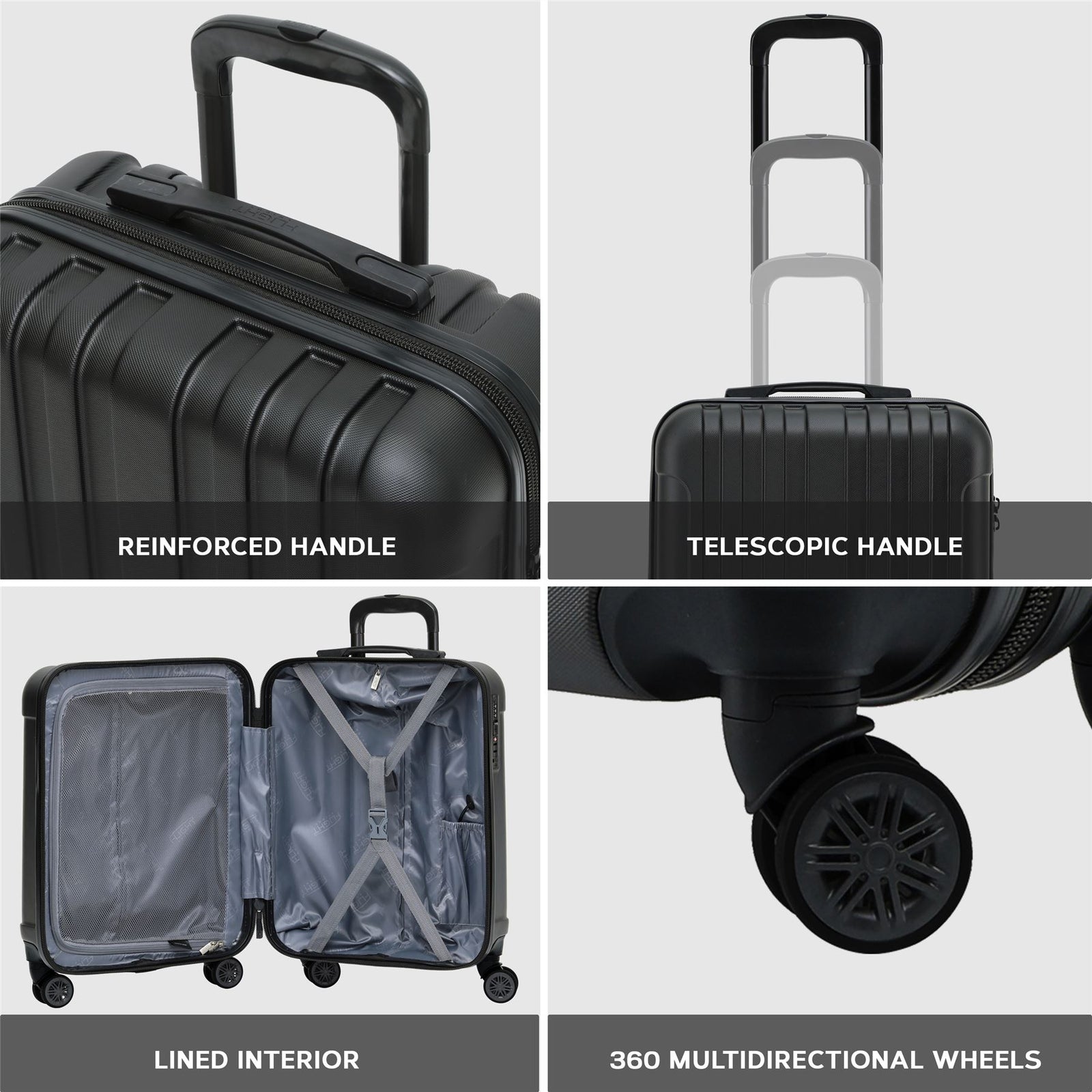 55x40x20cm Lightweight Luggage Overhead Cabin Hard Shell Cabin Suitcase 60+ Airlines Approved - Carry On Case - 4 Wheels | Cabin | Black