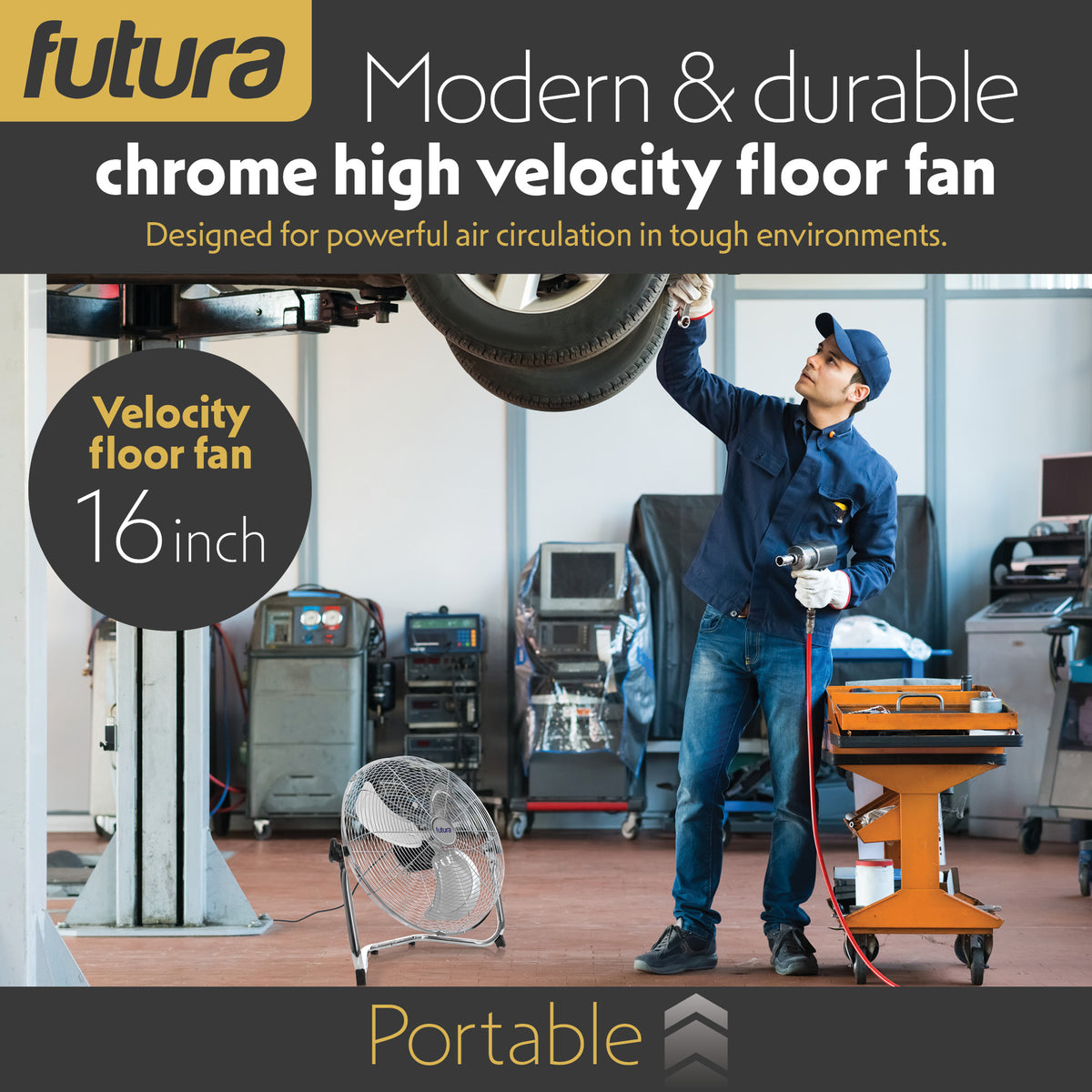 Floor Fan High Velocity Portable Chrome Fan Adjustable 3 Speed Standing Industrial Large Cooling Metal Gym Fan | 16" | Silver