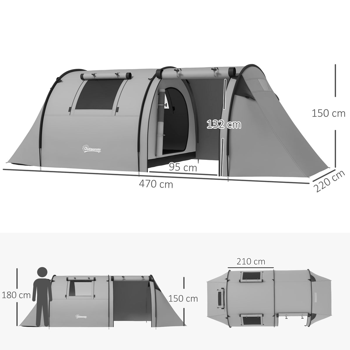 3-4 Man Tunnel Tent, 3000mm Waterproof, Large Family