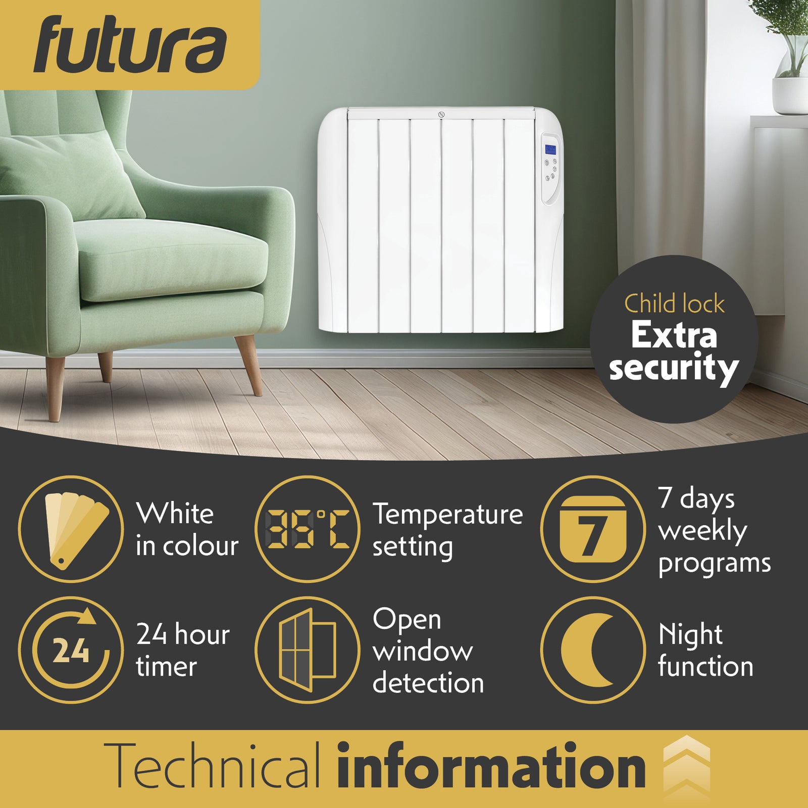 Electric Radiator Panel Heater Wall Mounted Advanced Timer Digital Thermostat, Bathroom Safe Room Heater | 1500w | White