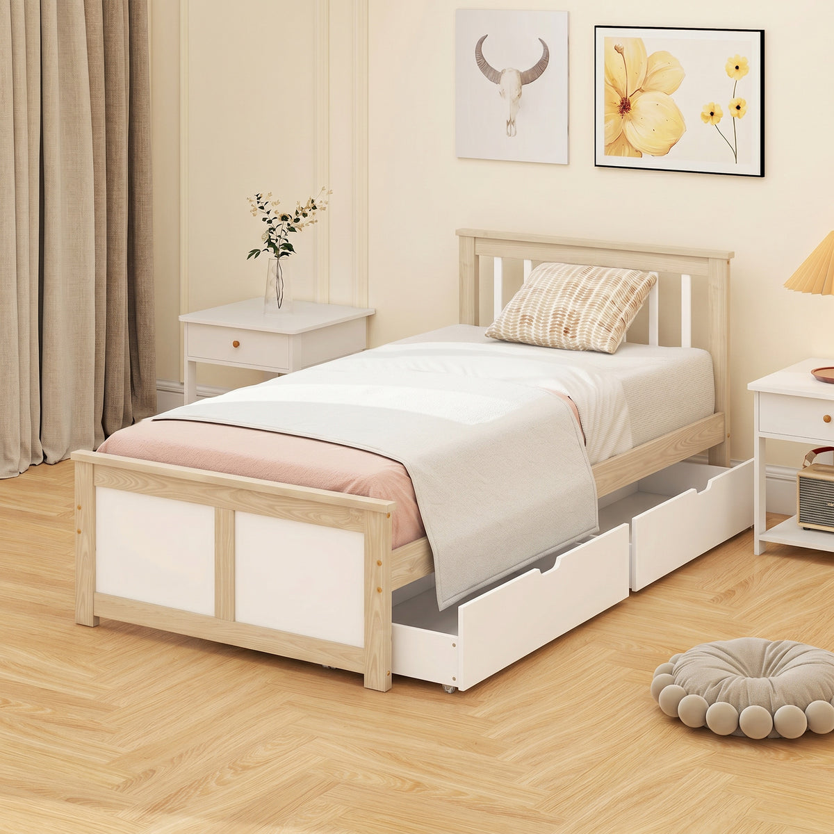 HOMCOM Storage Bed With 2 Drawers, Headboard, Wood Slat Support