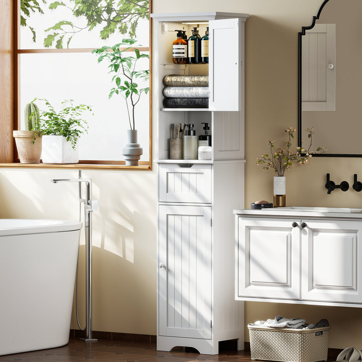 HOMCOM 170cm Tall Bathroom Storage Cabinet With Led Light, Adjustable Shelf