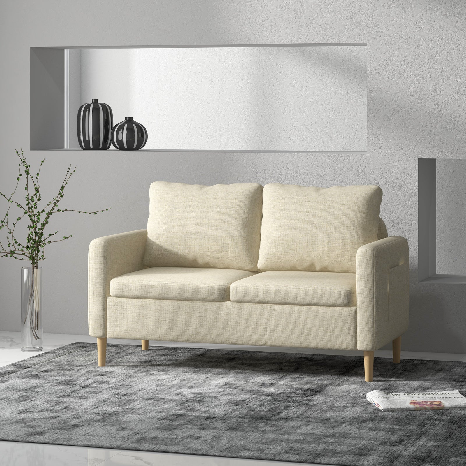 2 Seater Sofa Modern Fabric Couch With Wood Legs 2 Pockets | Double | Beige