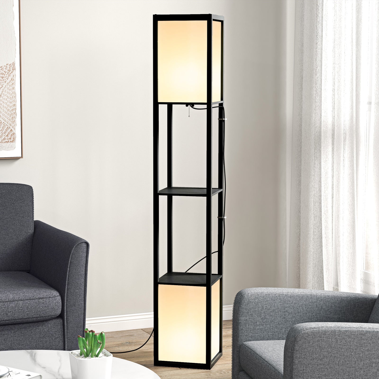 Shelf Floor Lamp With Dual Light For Living Room, Bedroom | One Size | Black