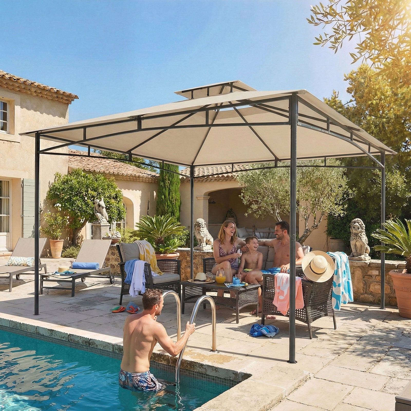  3 X 3 M Gazebo, Outdoor Gazebo Canopy With 2-tier Roof | Khaki